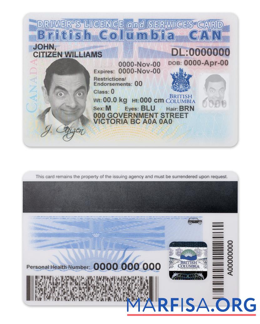 Blank Canada province British Columbia driving license example